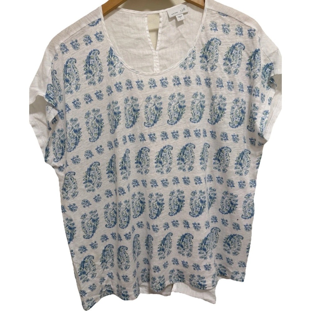J Jill Linen Blend Blouse Women's M Blue Paisley Boho Coastal Lightweight Top